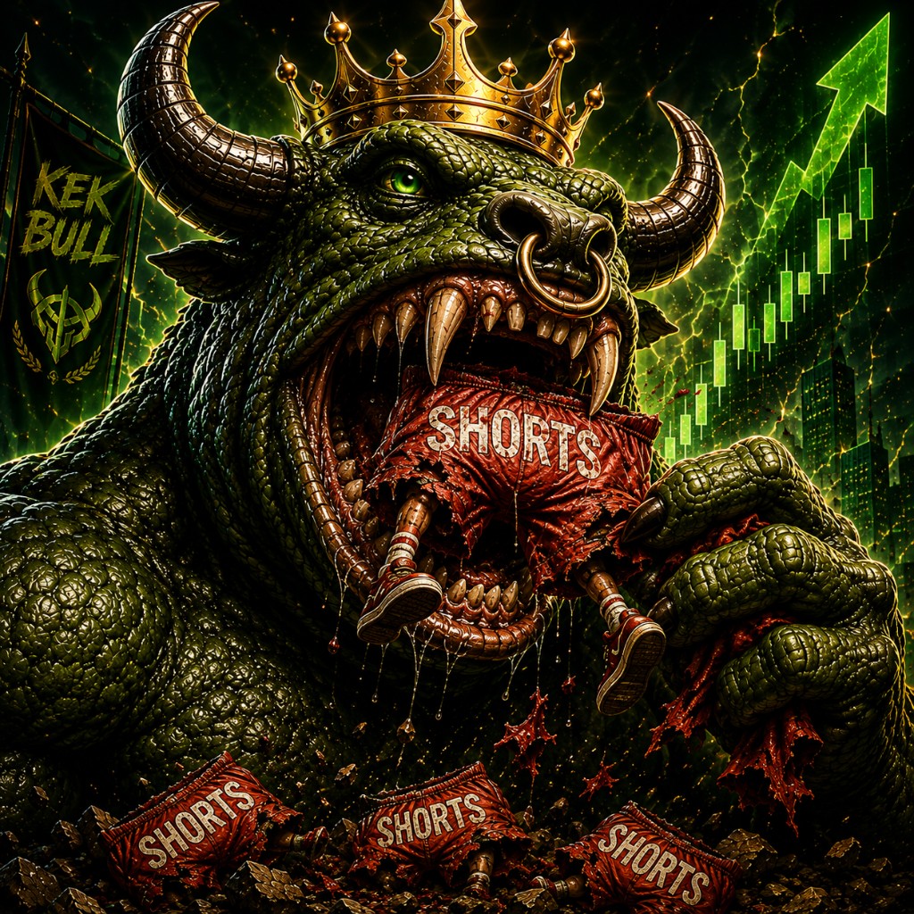 KEKBULL eating shorts between his fangs. The chart rises behind him.